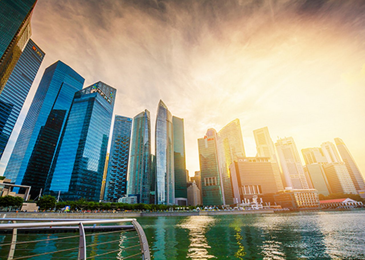Singapore skyline view during sunset from aerial point of view