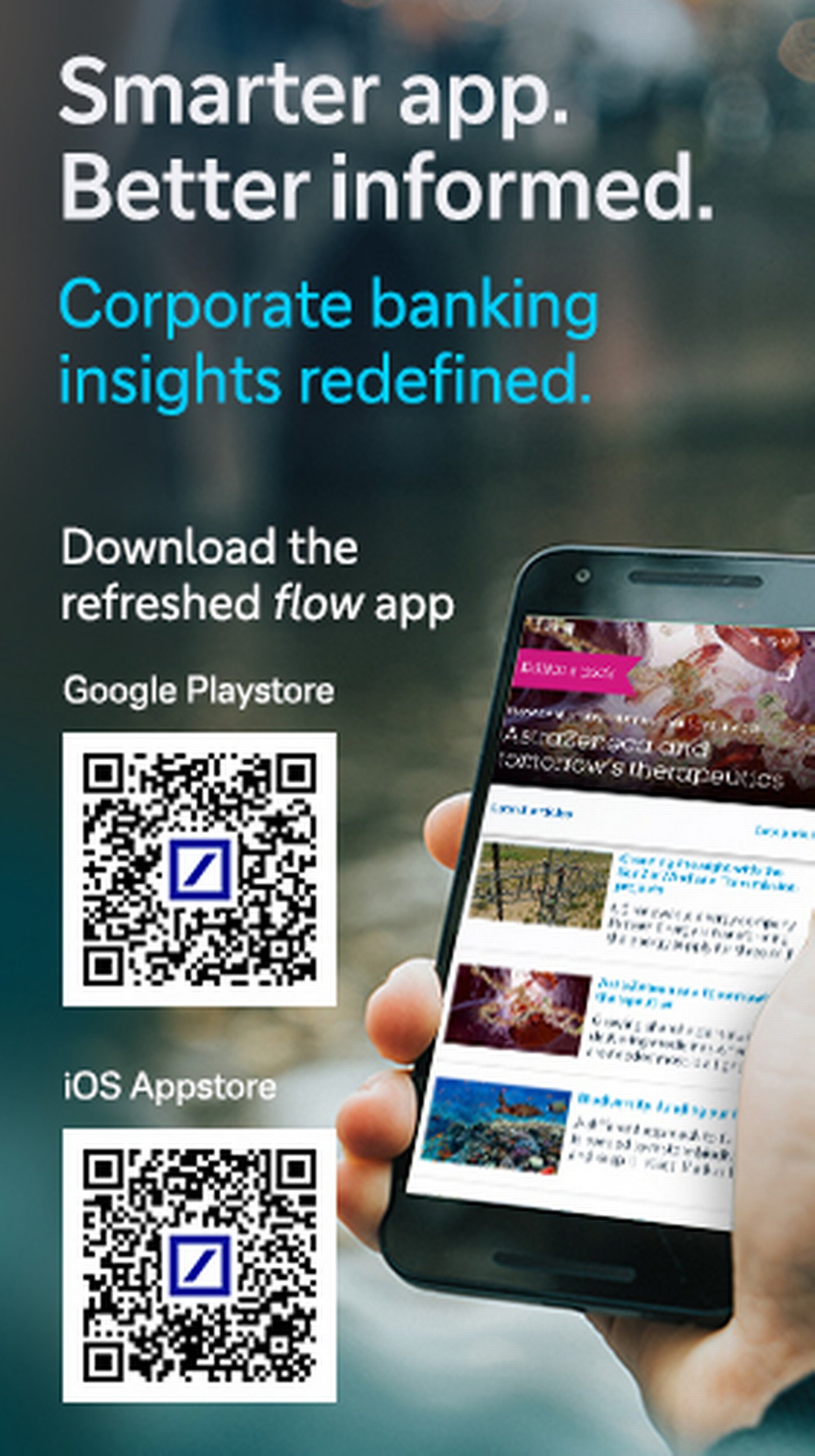 Hand holding a smartphone next to two QR codes for the flow app