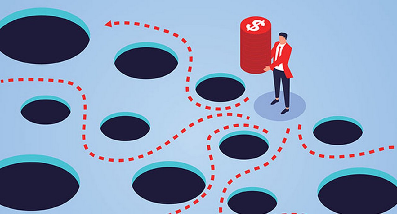 Vector image of an individual standing before several holes in the floor