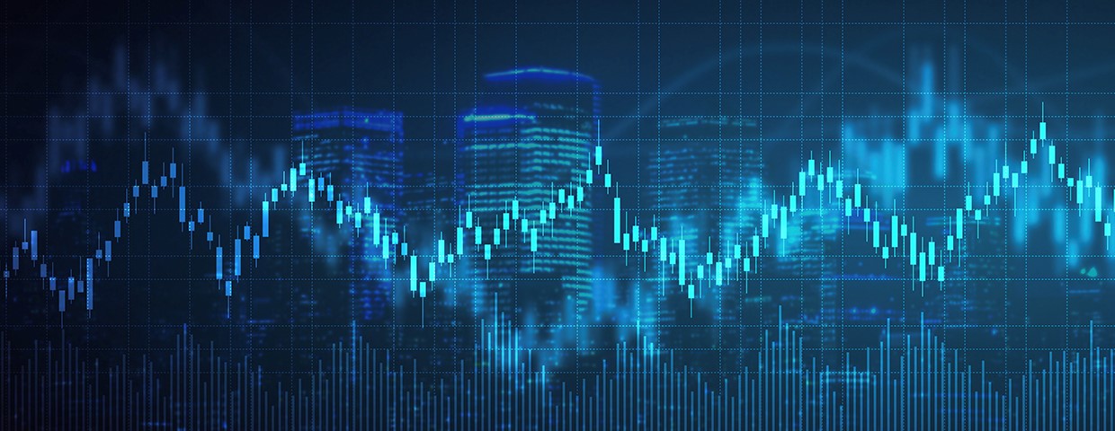 Blue finance diagram melded with a city landscape