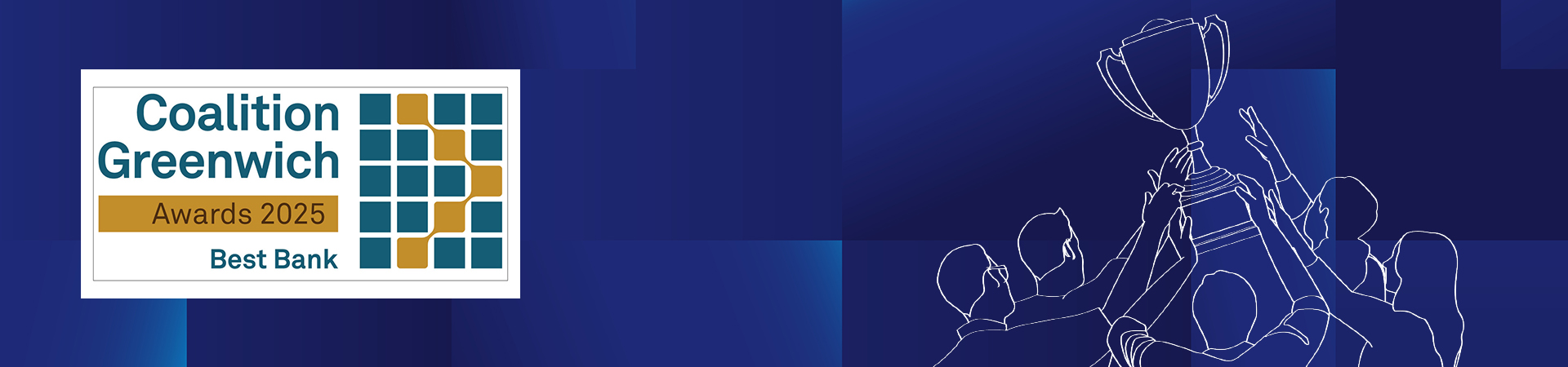 Coalition Greenwich Best Bank Award 2025 on a blue background with figures holding a trophy